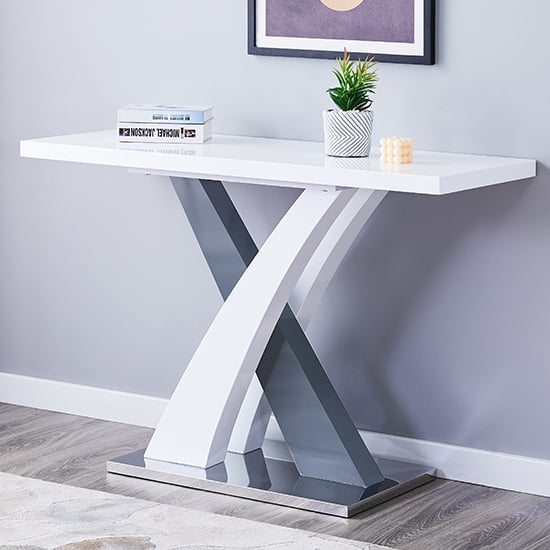 Photo of Axara rectangular high gloss console table in white and grey