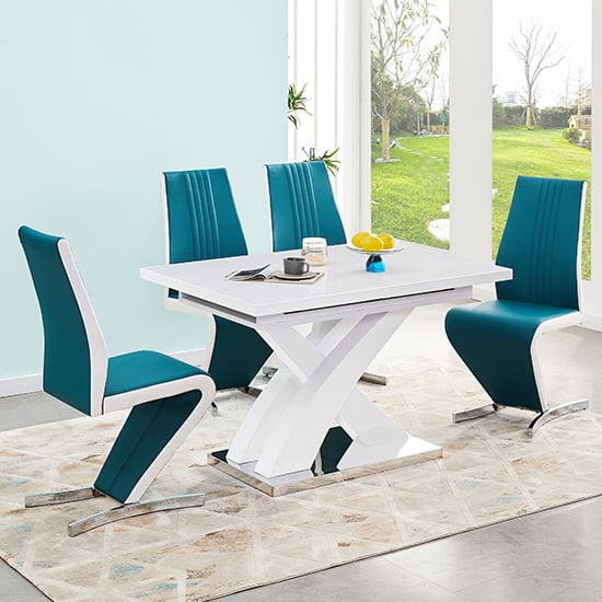 Photo of Axara small extending white dining table 4 gia teal chairs