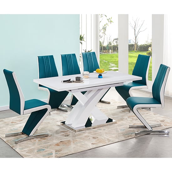 Photo of Axara large extending white dining table 6 gia teal chairs