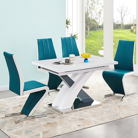 Axara Extending White Grey Dining Table 4 Gia Teal White Chairs_1