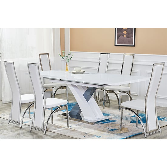 Axara Extendable White And Grey Gloss Dining Table 6 White Chairs
