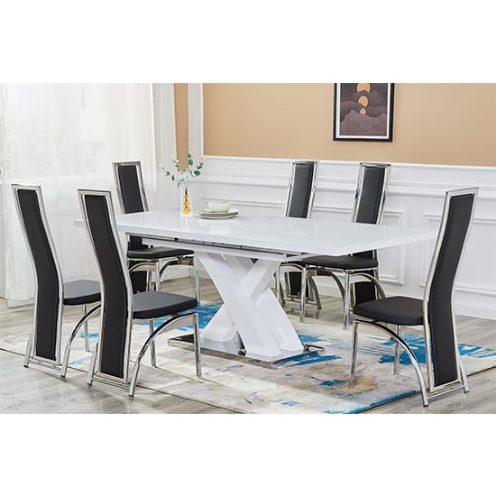 Axara Extending White Gloss Dining Table With 6 Black Chairs