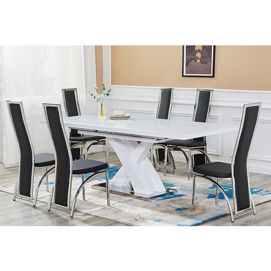 Read more about Axara large extending white dining table 6 chicago black chairs