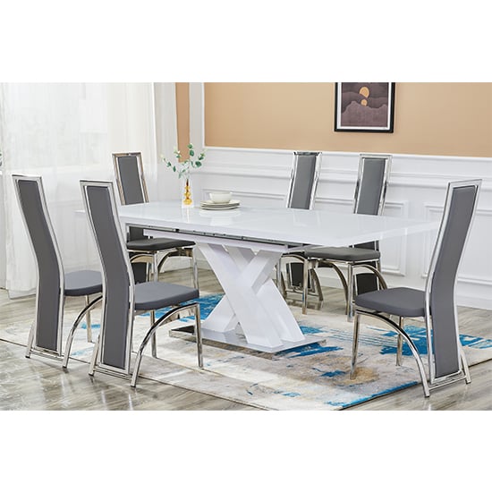 Axara Extending White Gloss Dining Table With 6 Grey Chairs_1