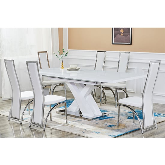 Photo of Axara large extending white dining table 6 chicago white chairs