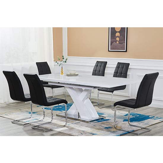 Photo of Axara large extending white dining table 6 paris black chairs