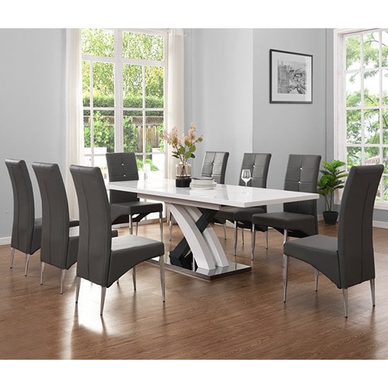 Axara Extending Gloss White Grey Dining Table With 8 Grey Chairs