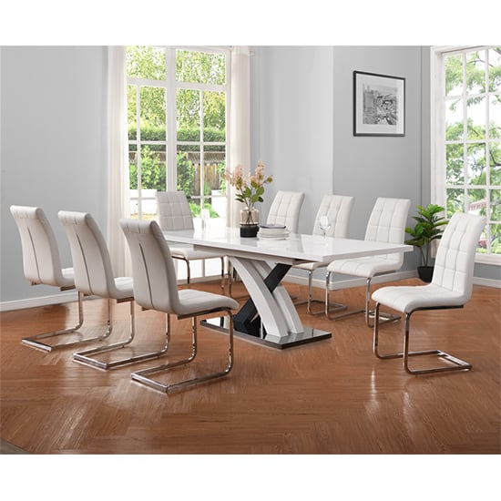 Axara Extending White Grey Gloss Dining Table 8 White Chairs