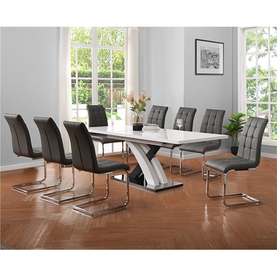 Axara Extending White Grey Gloss Dining, Grey High Gloss Dining Table And 8 Chairs