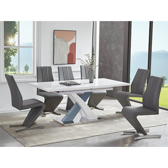 Product photograph of Axara Extending White Grey Gloss Dining Table 6 Gia Grey Chairs from Furniture in Fashion