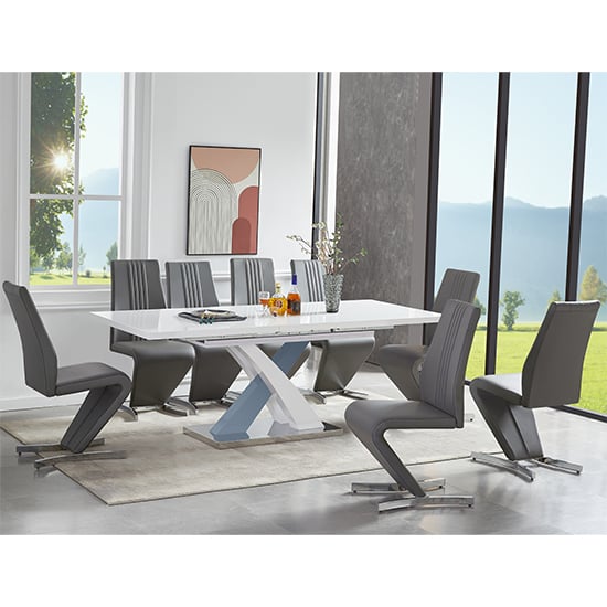 Photo of Axara extending white grey gloss dining table 8 gia grey chairs