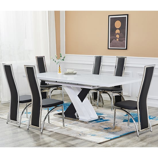 Axara Extending White Black Gloss Dining Table 6 Black Chairs_1