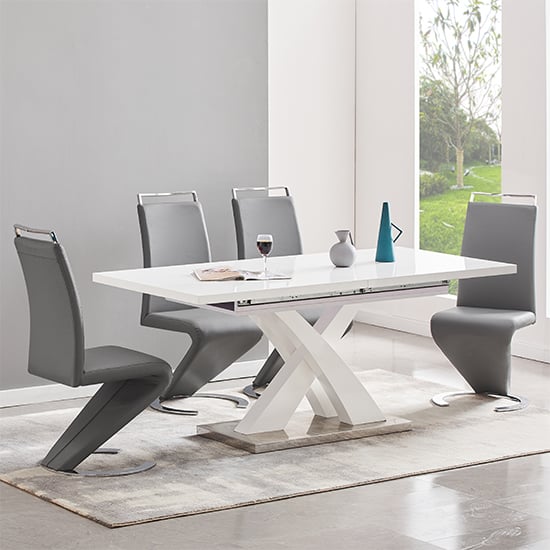 Photo of Axara small extending white dining table 4 summer grey chairs