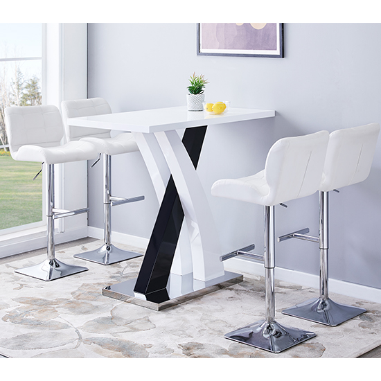 Axara High Gloss Bar Table In White Black 4 Candid White Stools