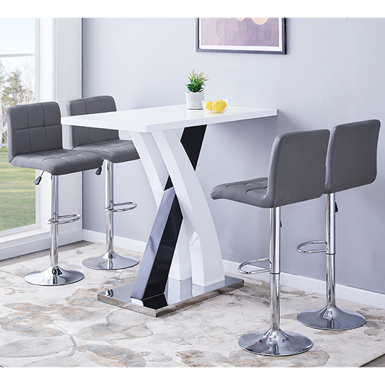 Read more about Axara high gloss bar table in white black 4 coco grey stools