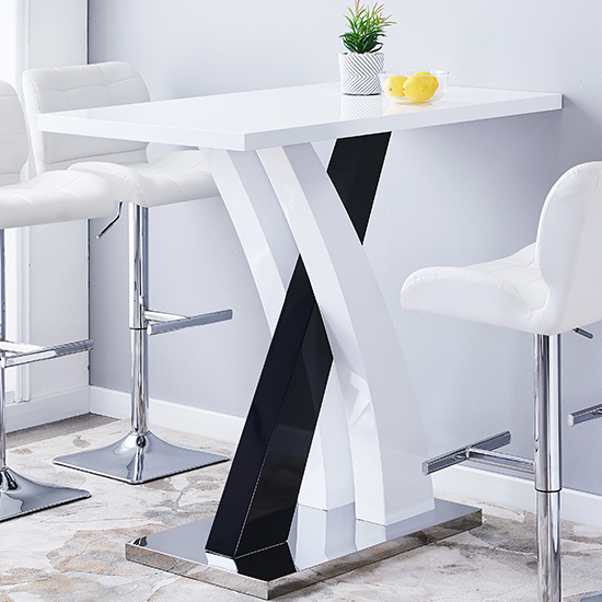Axara High Gloss Bar Table In White Black 4 Coco White Stools