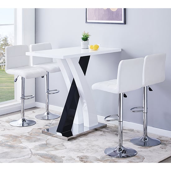 Axara High Gloss Bar Table In White Black 4 Coco White Stools