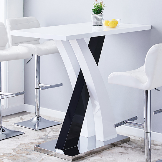 Axara High Gloss Bar Table In White Black 4 Ripple Grey Stools_2
