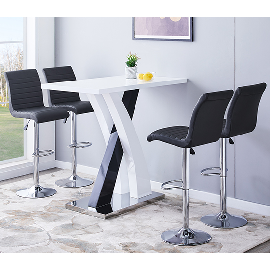 Read more about Axara high gloss bar table in white black 4 ripple grey stools