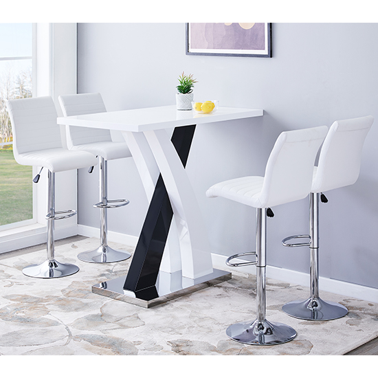 Axara Gloss Bar Table In White Black With 4 Ripple White Stools