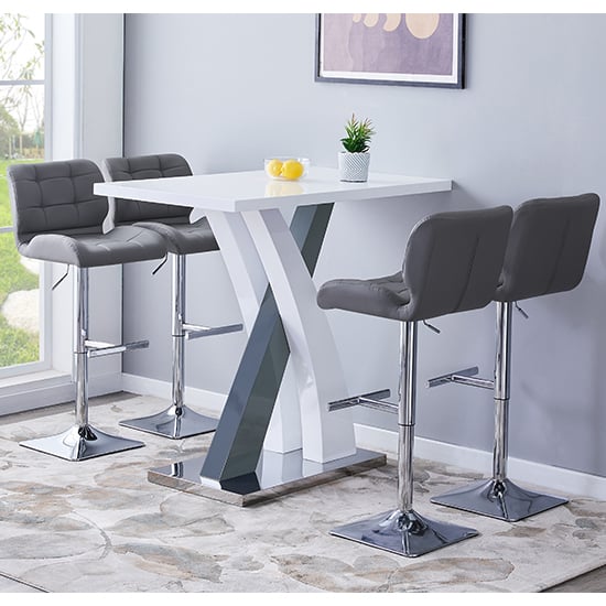 Read more about Axara high gloss bar table in white grey 4 candid grey stools