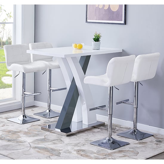 Axara Gloss Bar Table In White Grey With 4 Candid White Stools