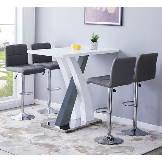 Axara Gloss Bar Table In White Grey With 4 Coco Grey Stools