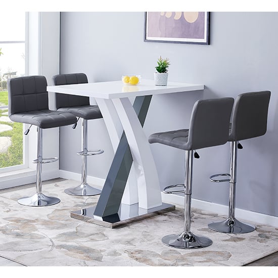 Product photograph of Axara High Gloss Bar Table In White Grey 4 Coco Grey Stools from Furniture in Fashion