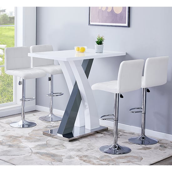 Product photograph of Axara High Gloss Bar Table In White Grey 4 Coco White Stools from Furniture in Fashion