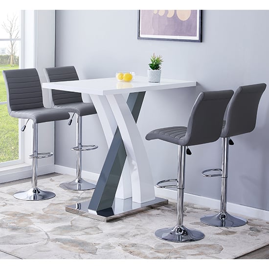 Product photograph of Axara High Gloss Bar Table In White Grey 4 Ripple Grey Stools from Furniture in Fashion