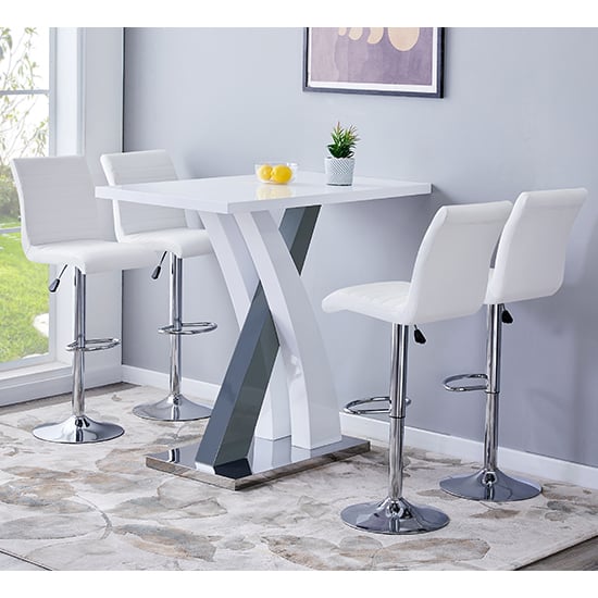 Axara Gloss Bar Table In White Grey With 4 Ripple White Stools
