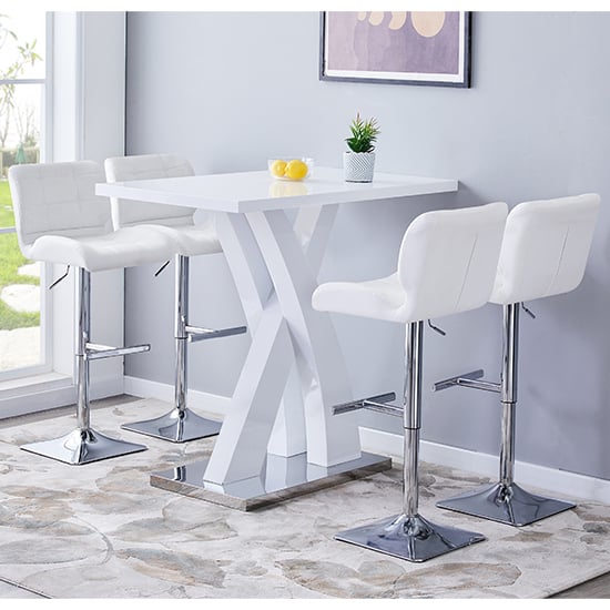 Read more about Axara white high gloss bar table with 4 candid white stools