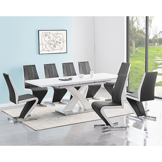 Read more about Axara large extending white dining table 8 gia black chairs