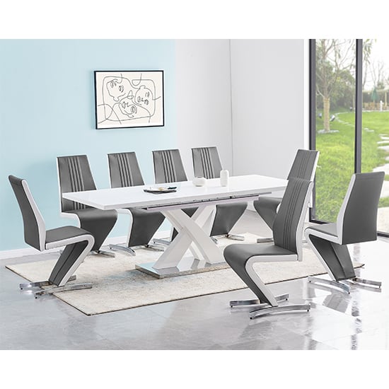 Read more about Axara large extending white dining table 8 gia grey chairs