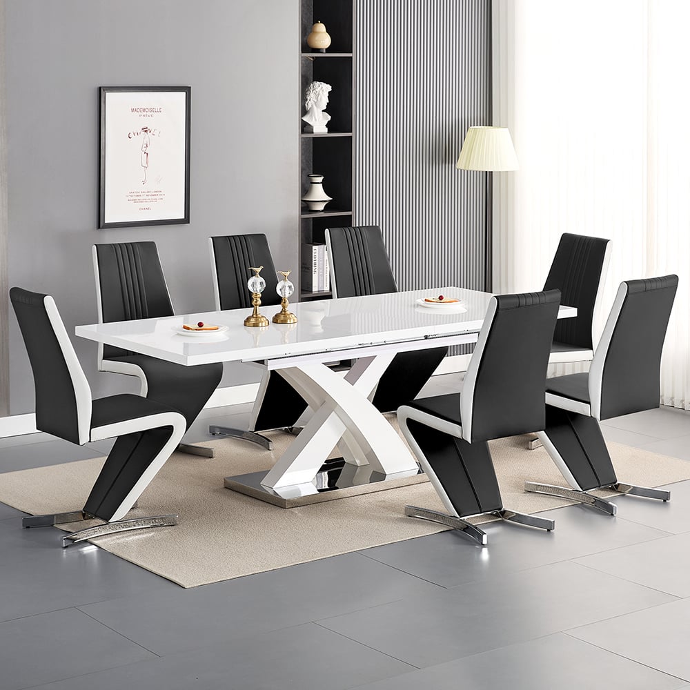 axara large extending white dining table 8 gia black white chairs