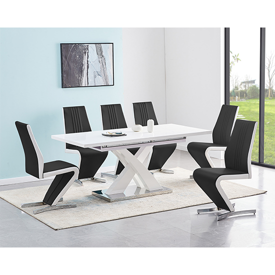 Product photograph of Axara Small Extending White Dining Table 6 Gia Black Chairs from Furniture in Fashion