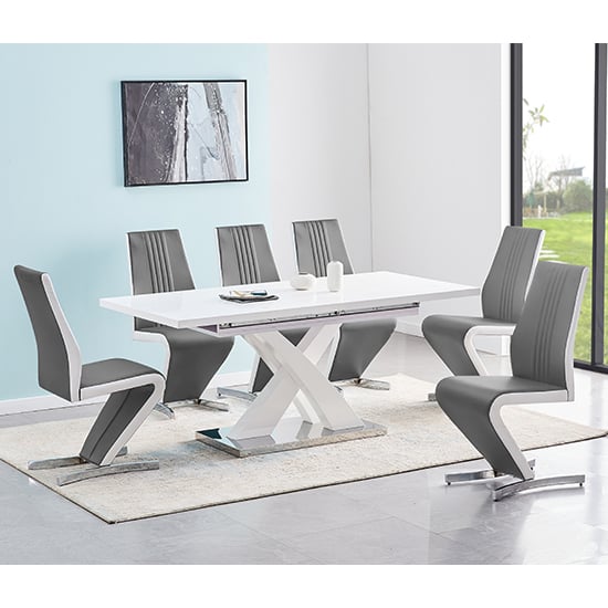 Photo of Axara small extending white dining table 6 gia grey chairs