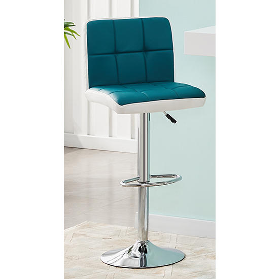 Axara White High Gloss Bar Table With 4 Copez Teal White Stools_3