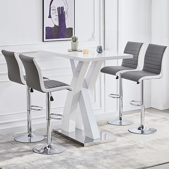 Read more about Axara white high gloss bar table with 4 ritz grey white stools