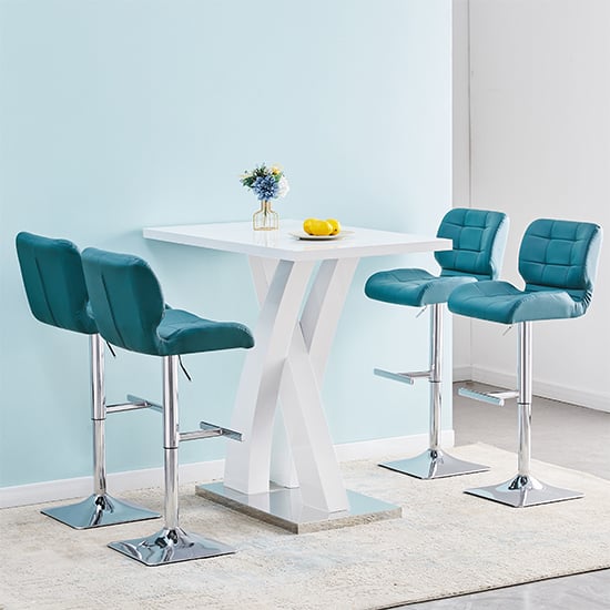 Read more about Axara white high gloss bar table with 4 candid teal stools