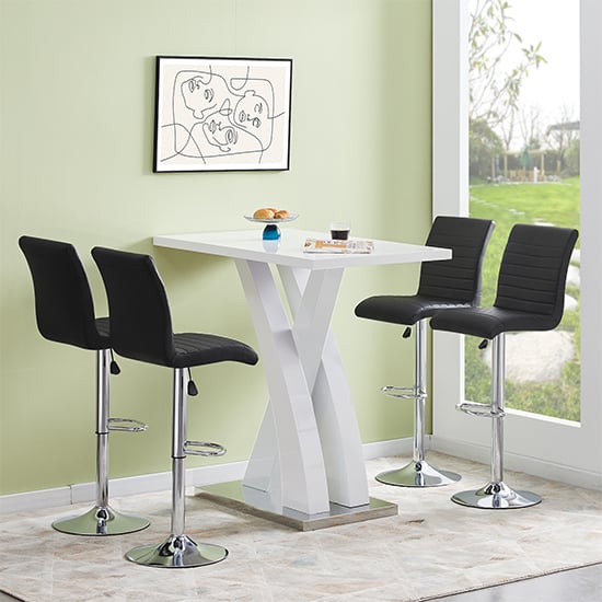 Read more about Axara white high gloss bar table with 4 ripple black stools