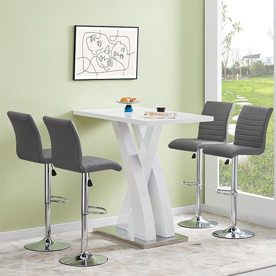 Photo of Axara white high gloss bar table with 4 ripple grey stools