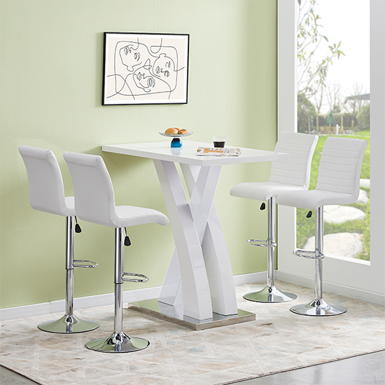 Axara White High Gloss Bar Table With 4 Ripple White Stools