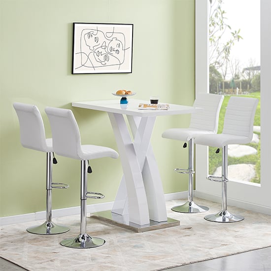 Product photograph of Axara White High Gloss Bar Table With 4 Ripple White Stools from Furniture in Fashion