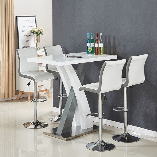 Photo of Axara gloss bar table in white grey 4 ritz white grey stools