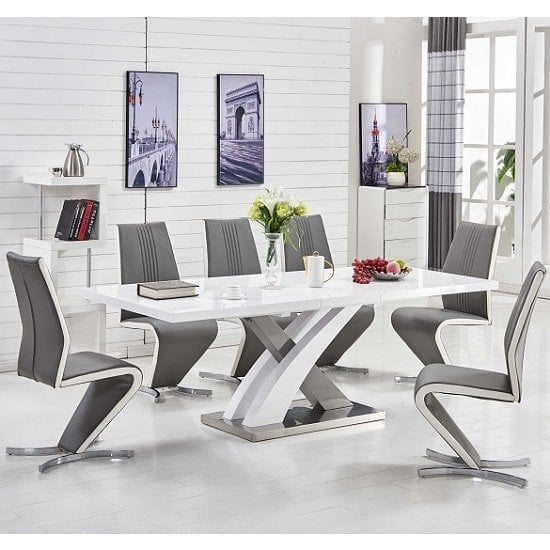 Axara Extendable Dining Table In White With 6 Gia Grey Chairs_1