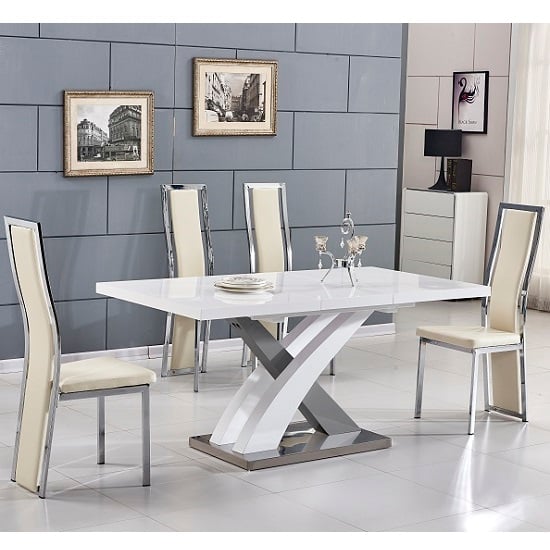 Axara Extending Small Dining Set White Grey Gloss 6 Cream Chairs
