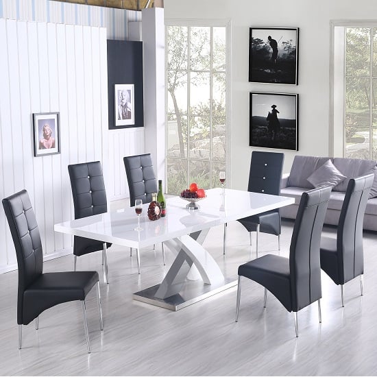 Axara Extendable Dining Table In White With 6 Vesta Black Chairs