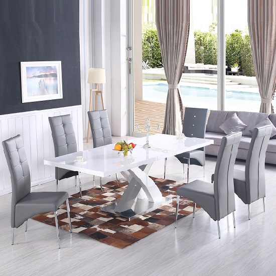 Axara Extendable Dining Table In White With 6 Vesta Grey