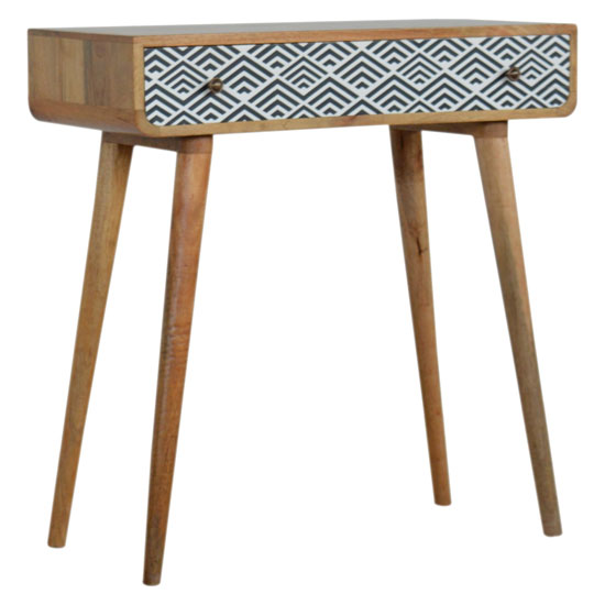 Axton Wooden Console Table In Oak Ish And Monochrome Print